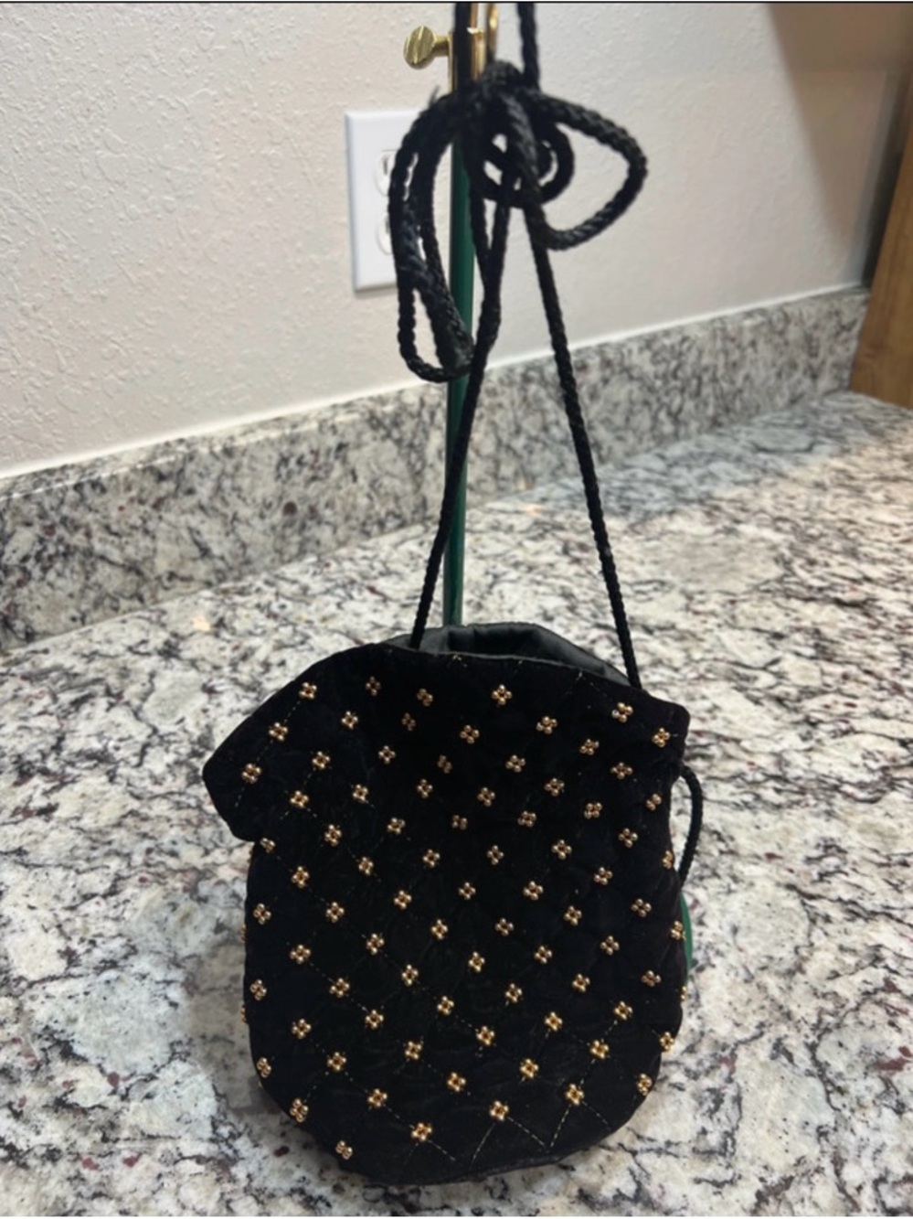 Black Quilted Velvet Mini Drawstring Bag with Gold Bead Accents - Picture 6 of 9